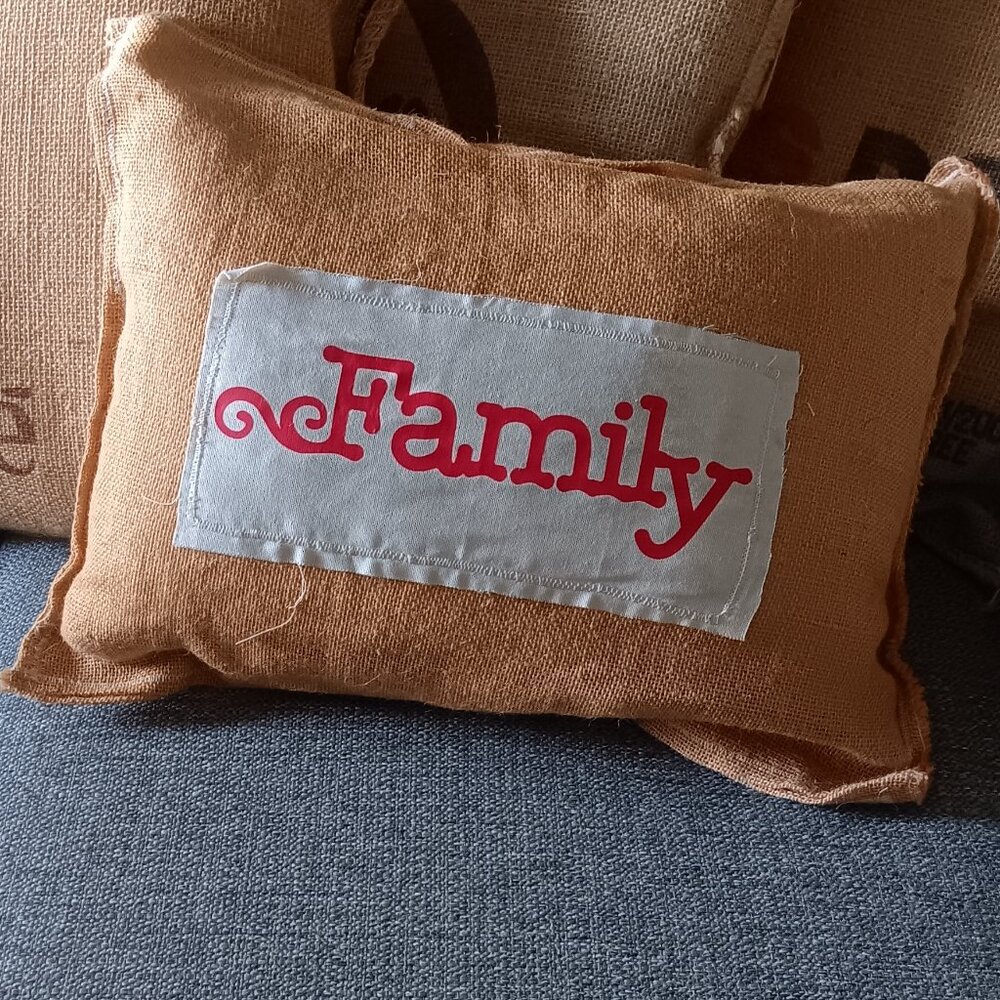 Handmade Burlap Pillow with Vinyl Family Wording